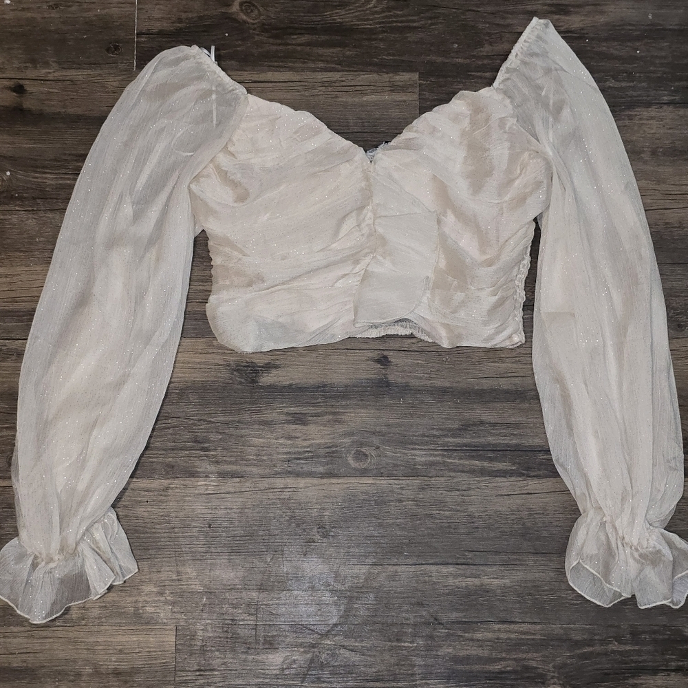 Fashion Nova Cream Glitter Ruched Crop Top Large Sheer Puff Sleeve